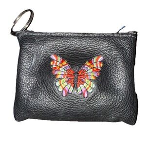 Vintage Butterfly Coin Purse Embroidered Black Genuine Leather Made in USA